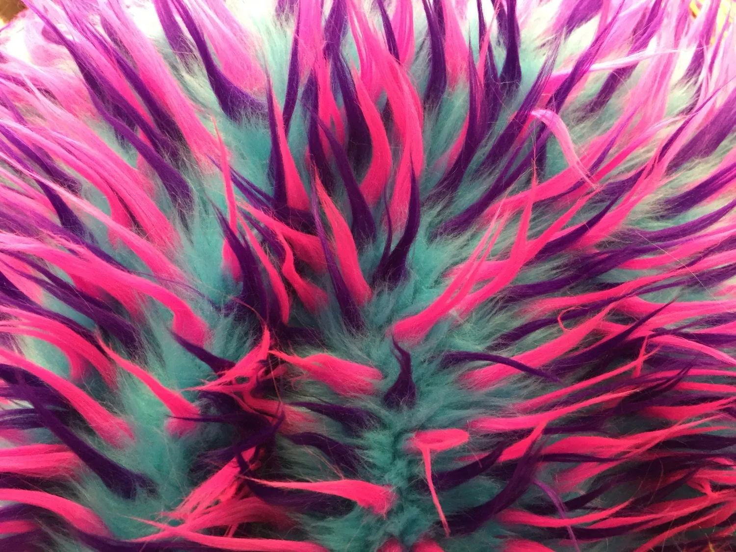 3 tone spikes faux fur- aqua/fuchsia/purple.shaggy faux fur sold by the yard.