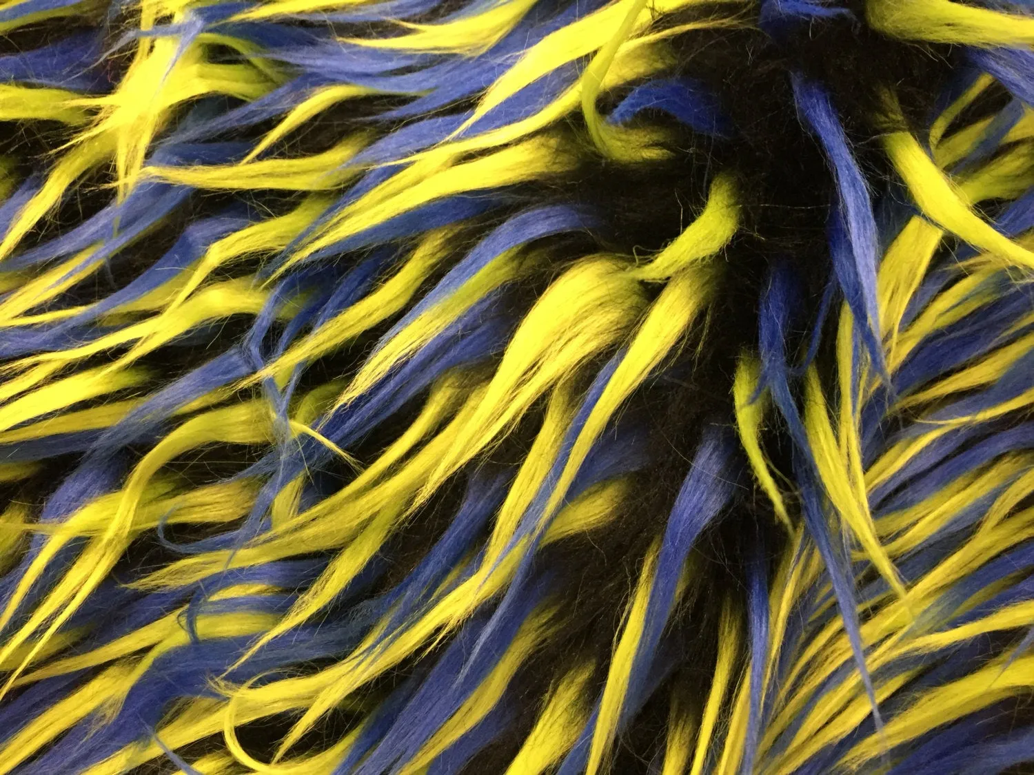 3 tone spikes faux fur- black/neon neon yellow/royal blue-Shaggy faux fur-fashion-decorations-jackets-pillows-trow blankets-sold by the yard