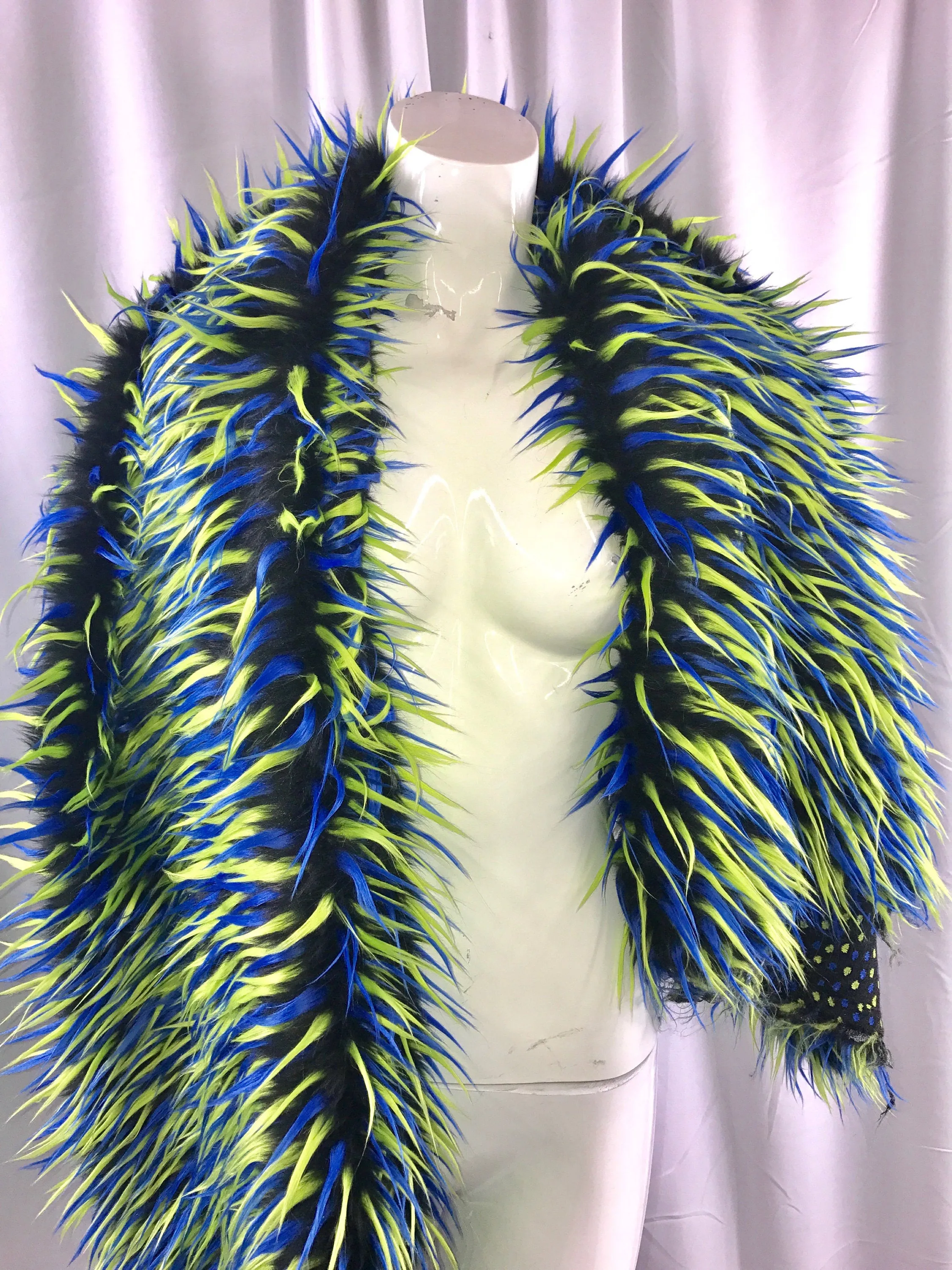 3 tone spikes faux fur- black/neon neon yellow/royal blue-Shaggy faux fur-fashion-decorations-jackets-pillows-trow blankets-sold by the yard