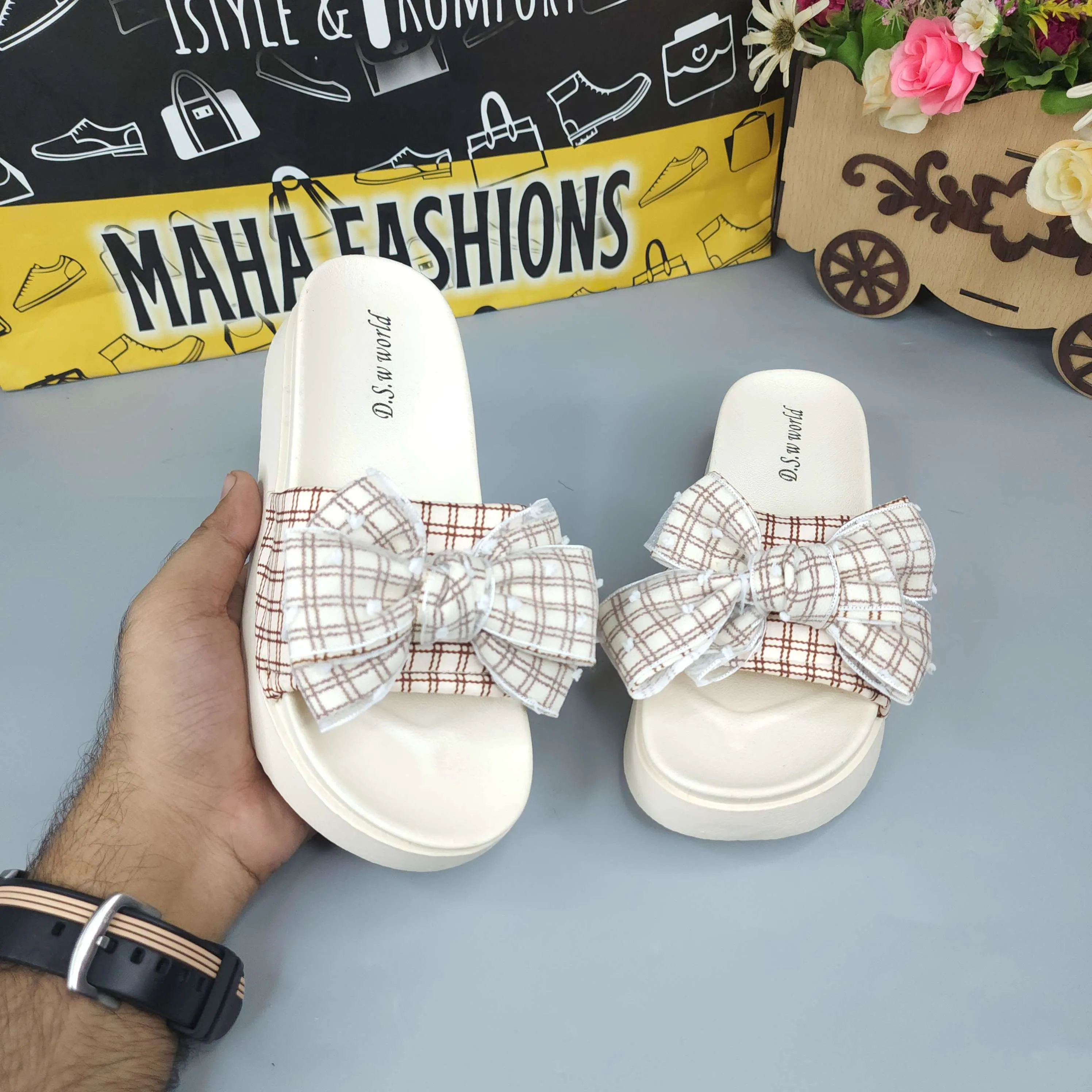 Beige Check Bow Slides