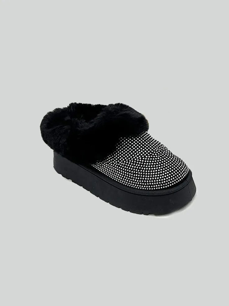 Black Rhinestone Fuzzy Suede Platform Slippers