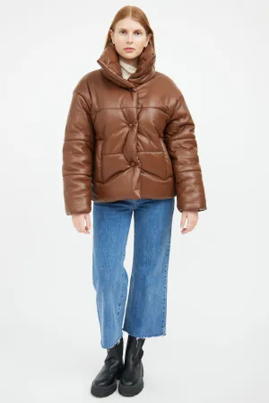 Brown Vegan Leather Puffer Jacket