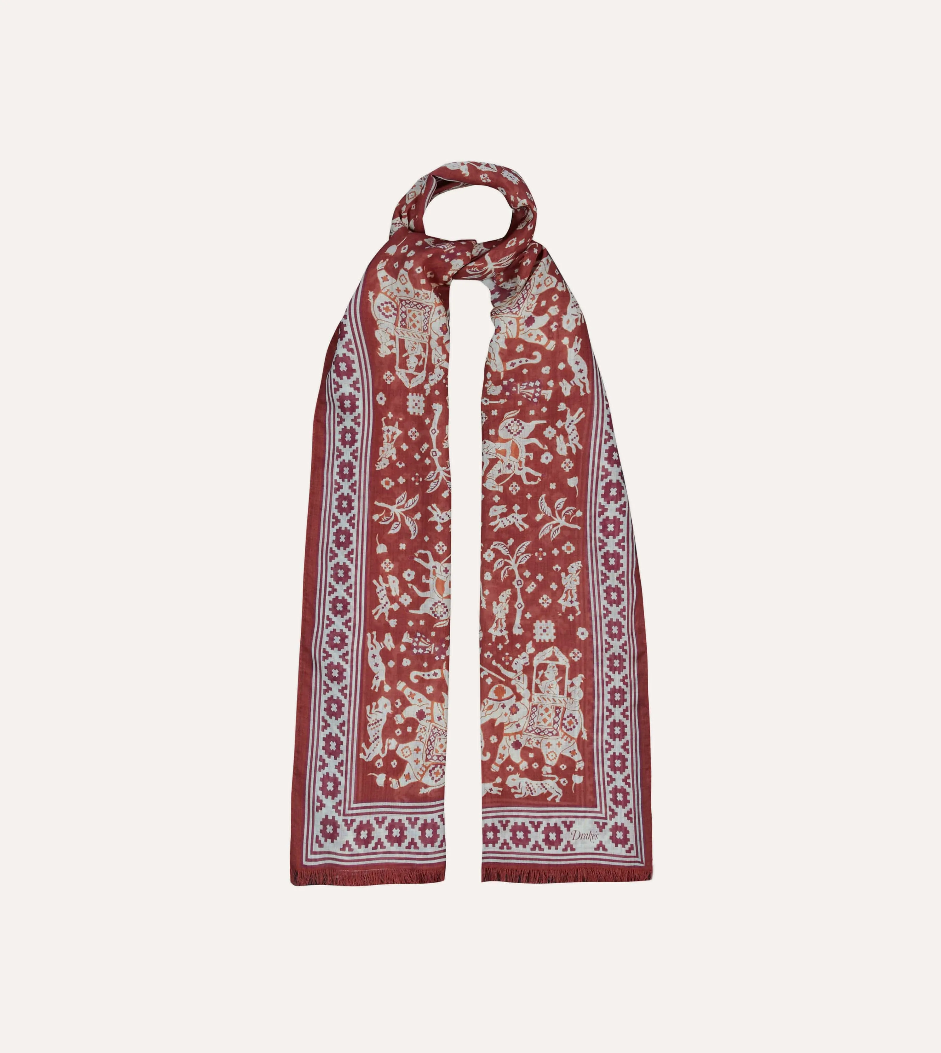 Burgundy Mughal Elephants Print Wool-Silk Scarf