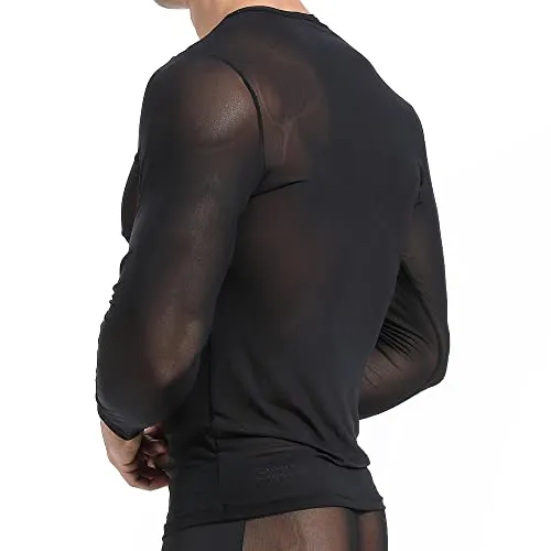 DHEWFU Men's Mesh Shirts See Through Long Sleeve Top Muscle Undershirt Clubwear Black