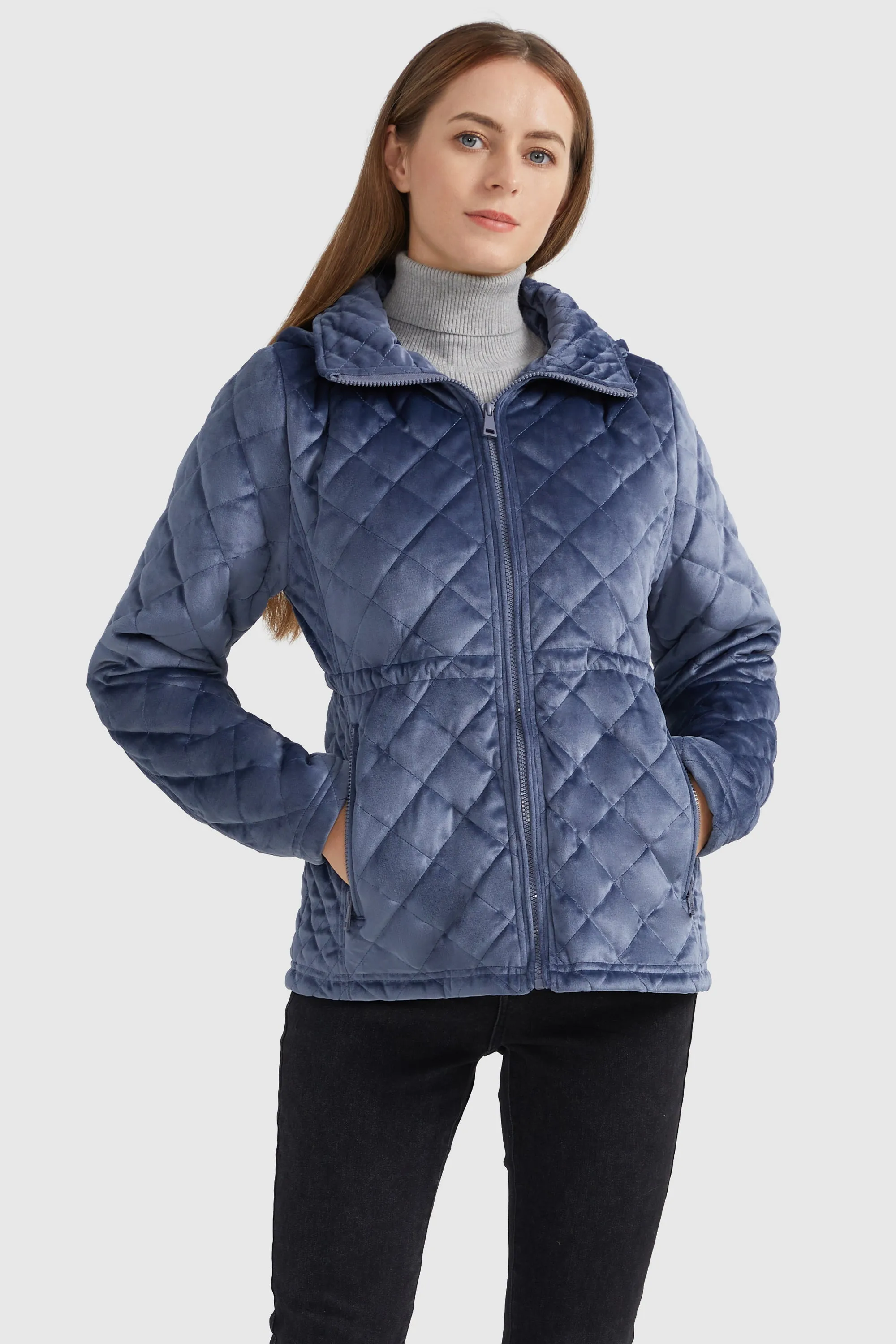 Diamond Quilted Drawstring Waist Winter Coat