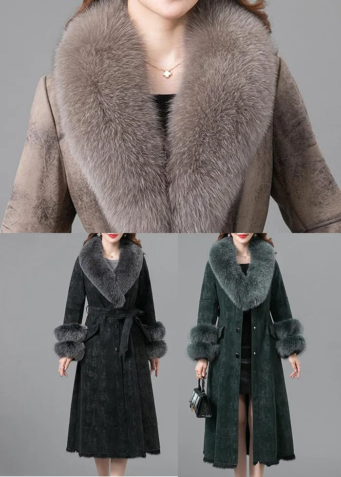 Elegant Blackish Green Slim Fit Faux Rabbit Leather And Fur Coats Winter LY9413