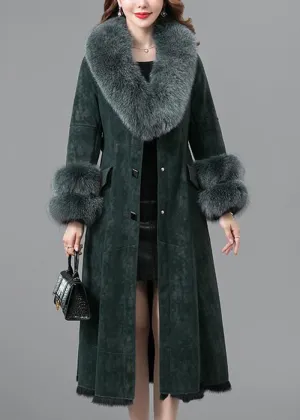 Elegant Blackish Green Slim Fit Faux Rabbit Leather And Fur Coats Winter LY9413