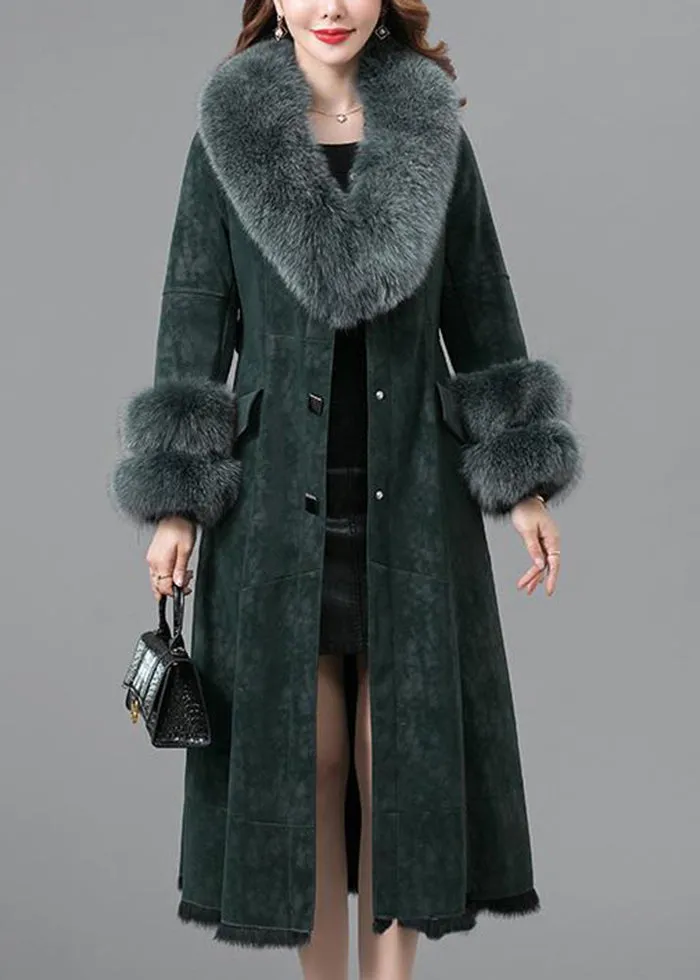 Elegant Blackish Green Slim Fit Faux Rabbit Leather And Fur Coats Winter LY9413