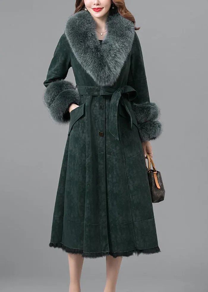 Elegant Blackish Green Slim Fit Faux Rabbit Leather And Fur Coats Winter LY9413