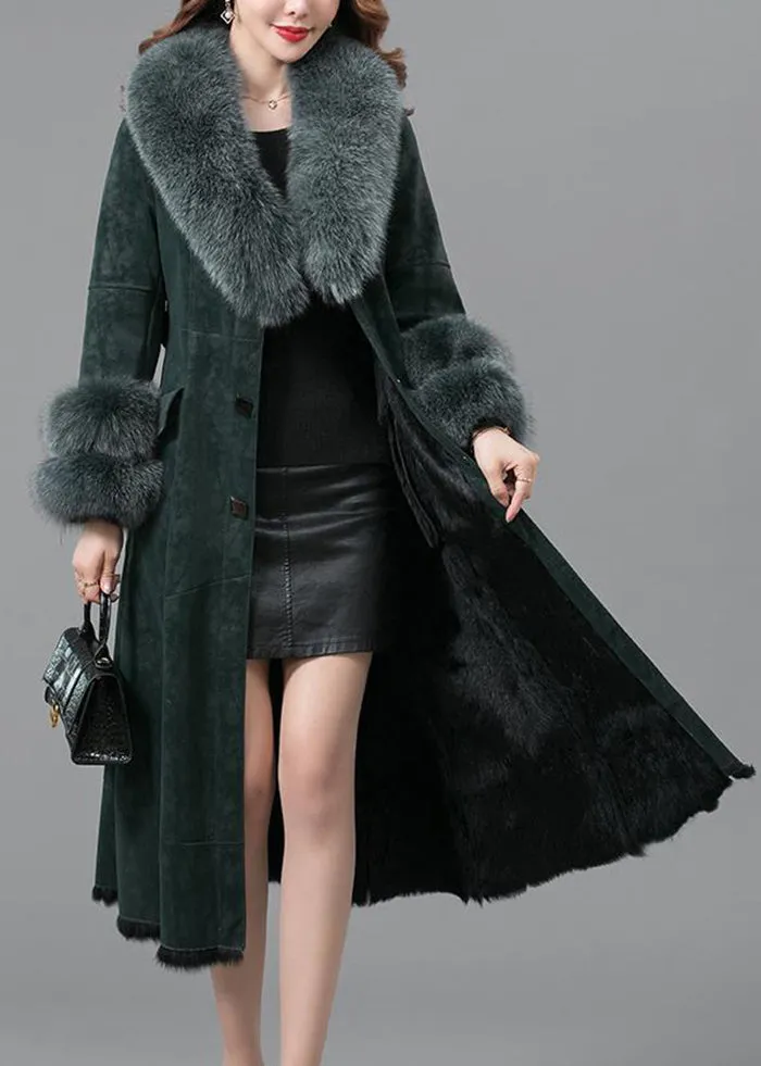 Elegant Blackish Green Slim Fit Faux Rabbit Leather And Fur Coats Winter LY9413