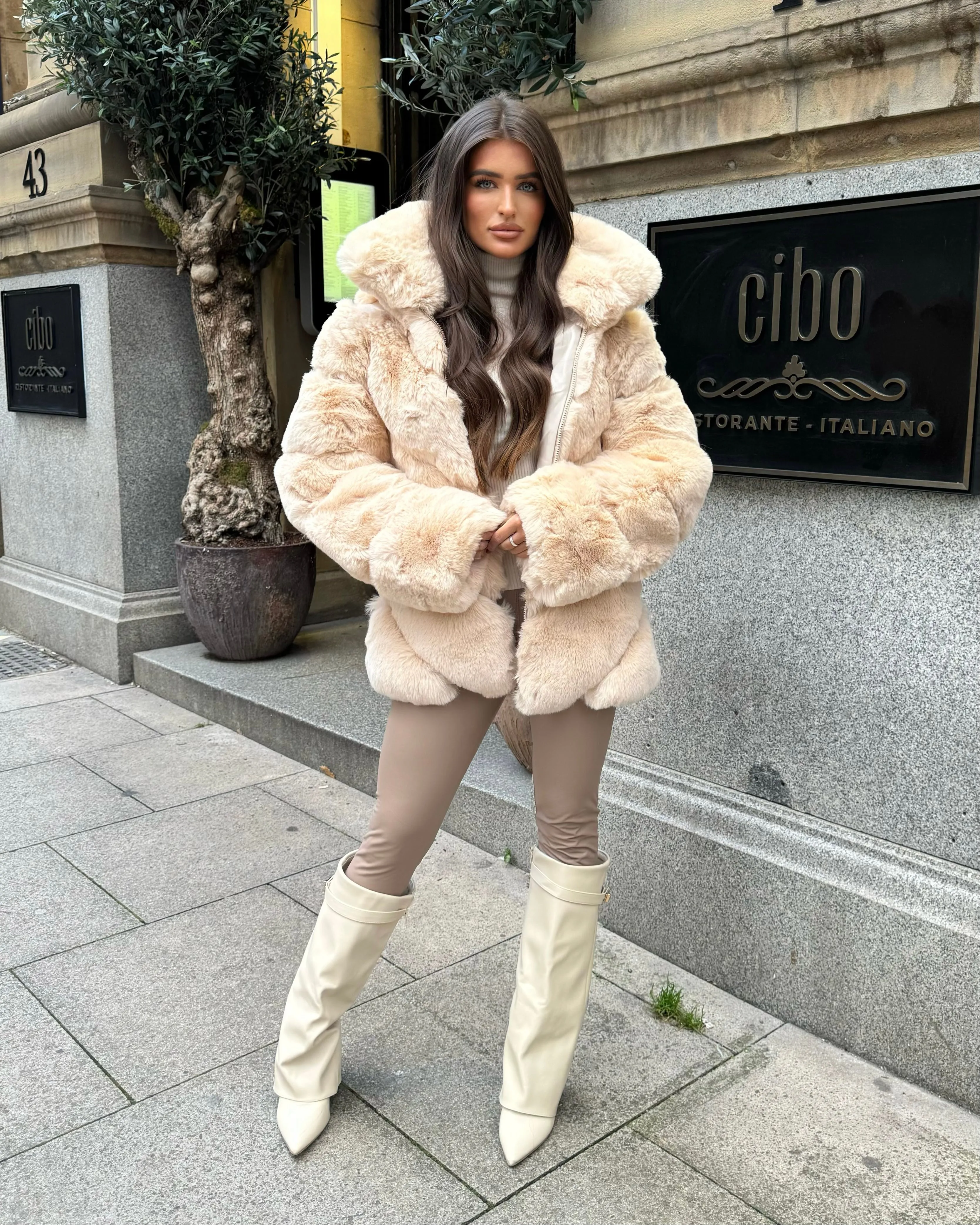 Gigi Faux Fur High Collar Coat- Beige