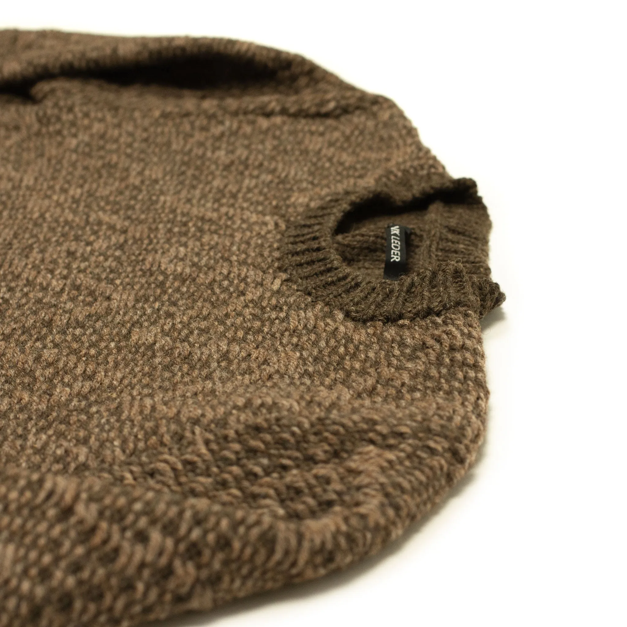 Handknit crewneck sweater in tonal brown wool chevron