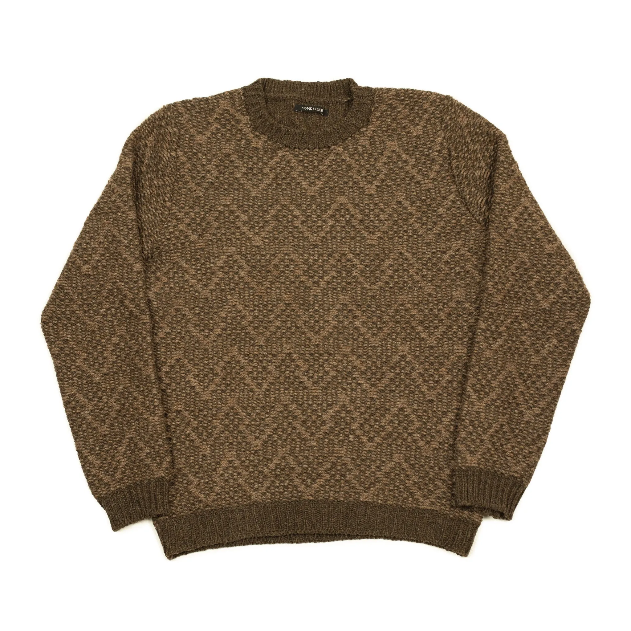 Handknit crewneck sweater in tonal brown wool chevron