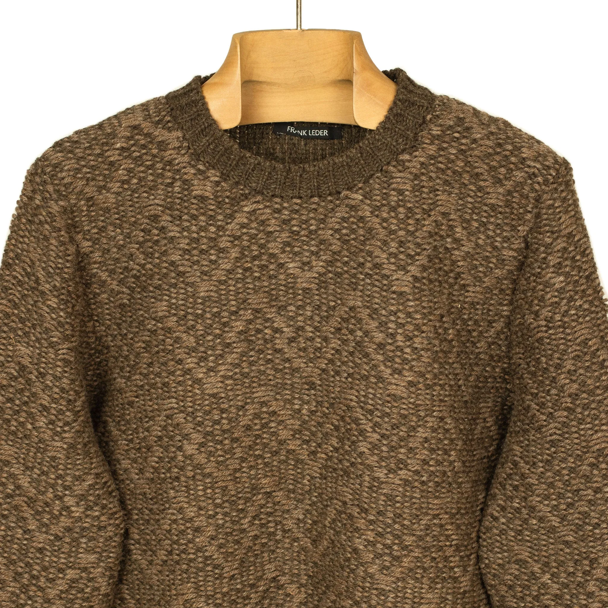 Handknit crewneck sweater in tonal brown wool chevron