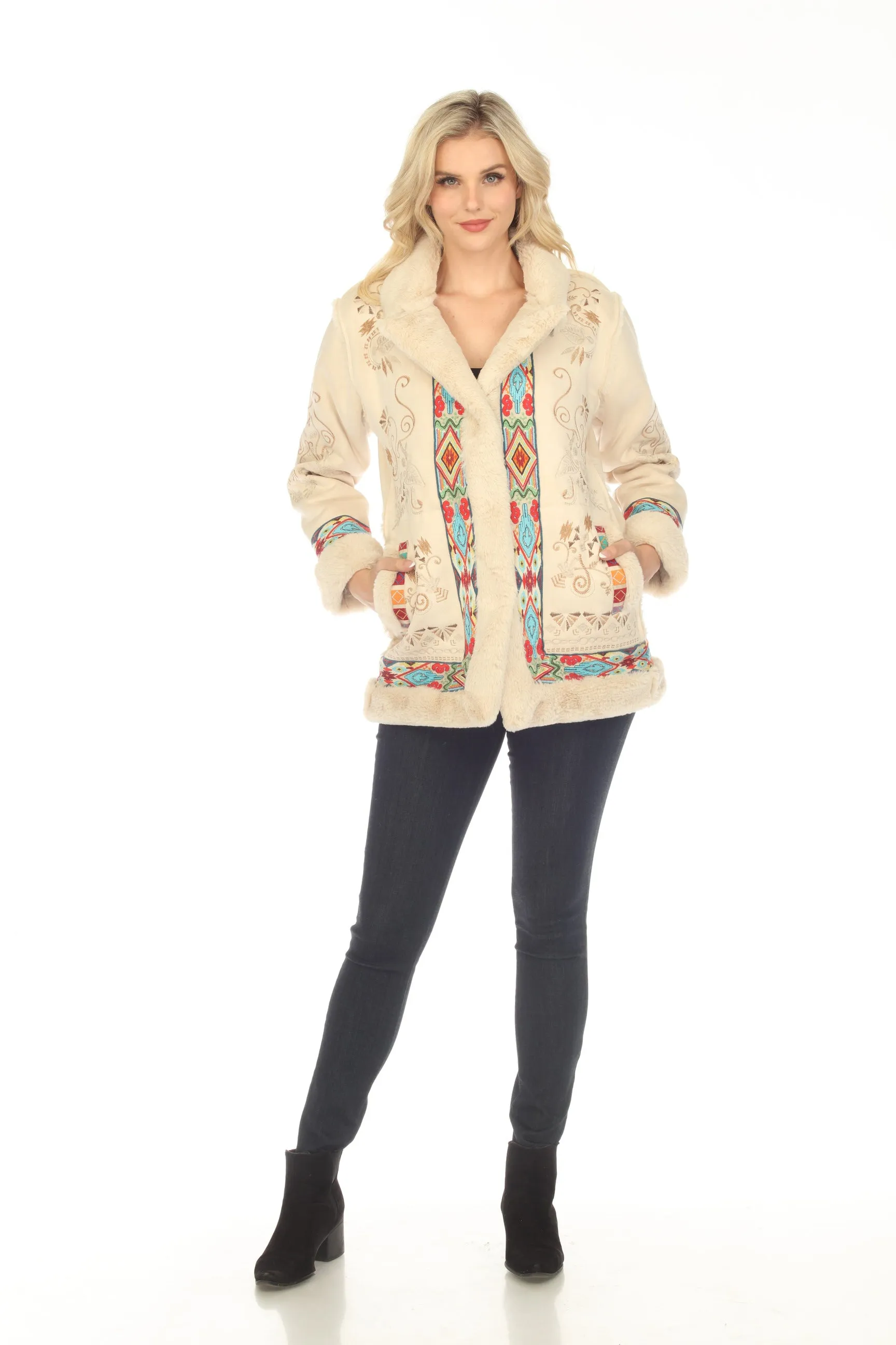 Johnny Was Cream Hepburn Ski Embroidered Faux Fur Coat Boho Chic R48523