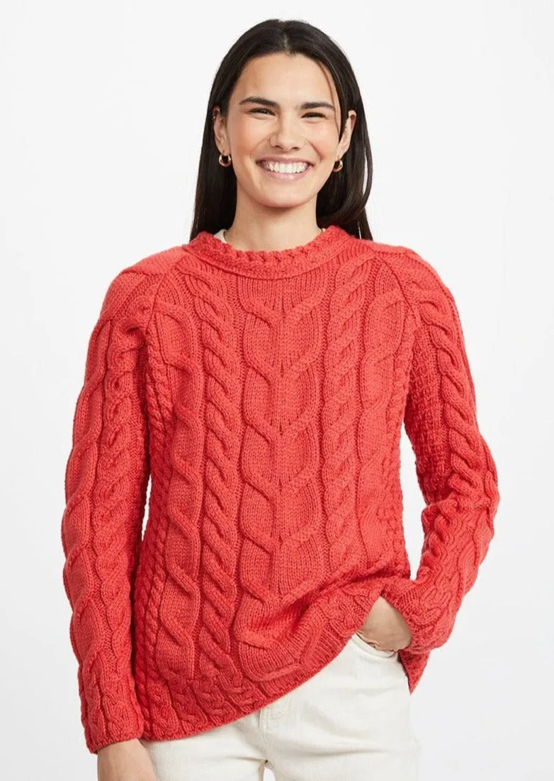 Listowel Ladies Aran Cabled Sweater | Coral