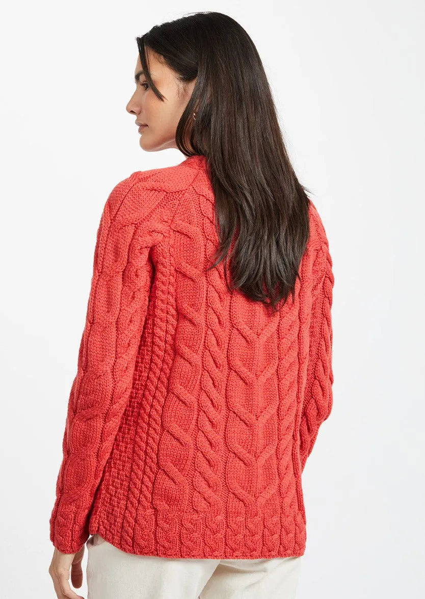 Listowel Ladies Aran Cabled Sweater | Coral