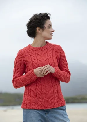 Listowel Ladies Aran Cabled Sweater | Coral