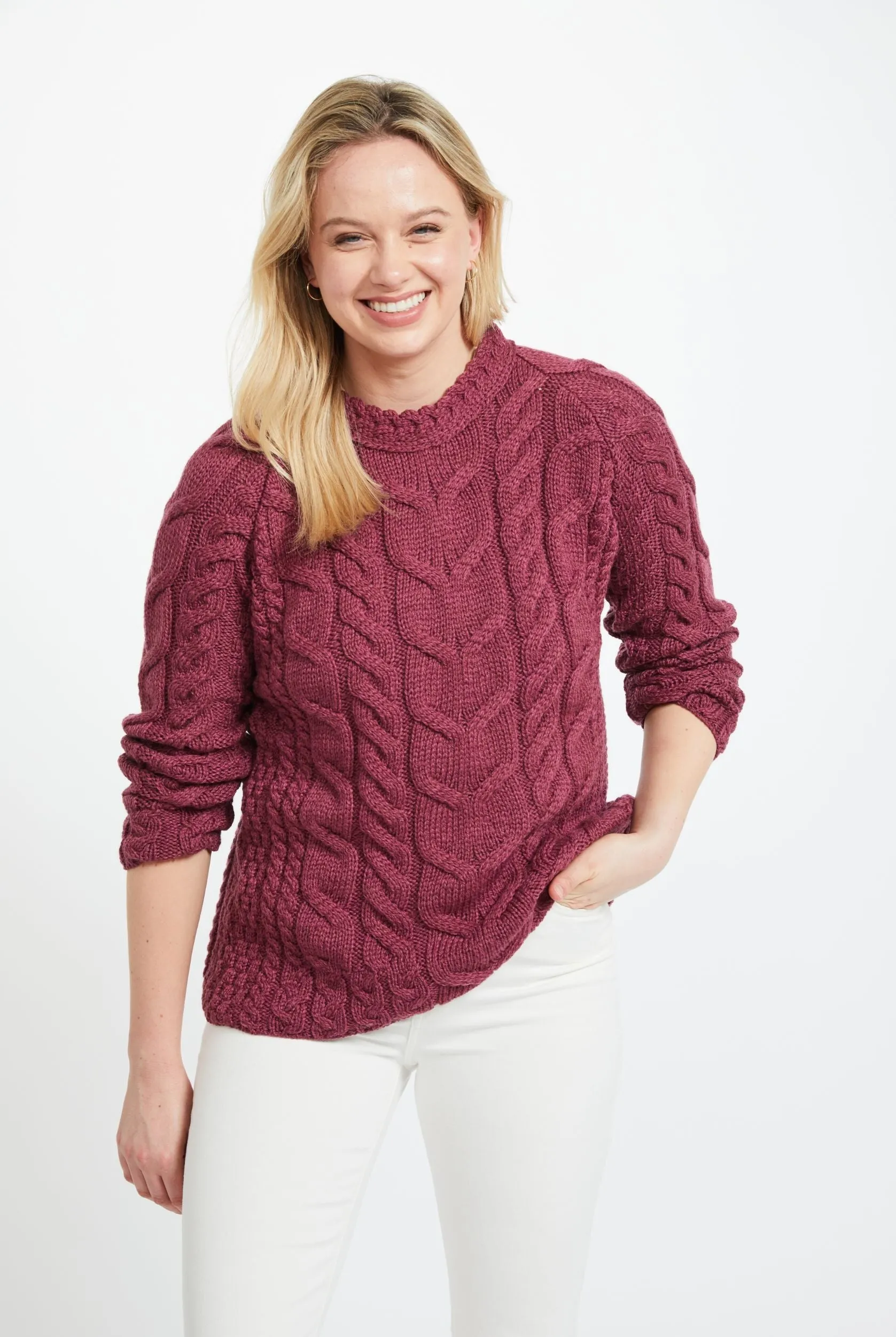 Listowel Ladies Aran Cabled Sweater | Raspberry