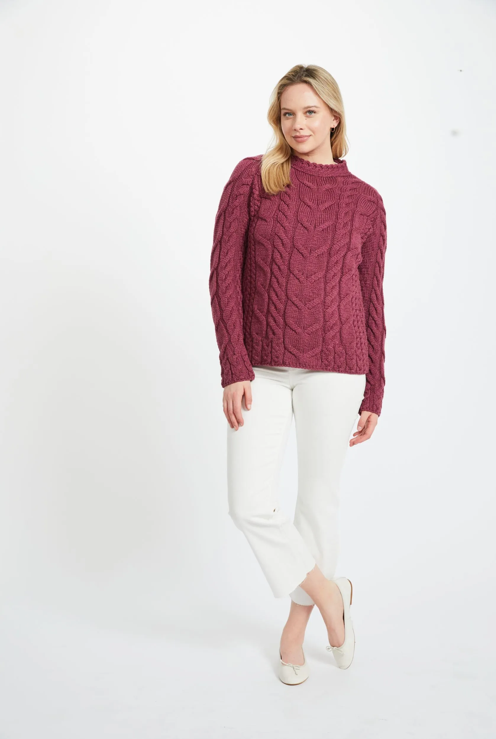 Listowel Ladies Aran Cabled Sweater | Raspberry