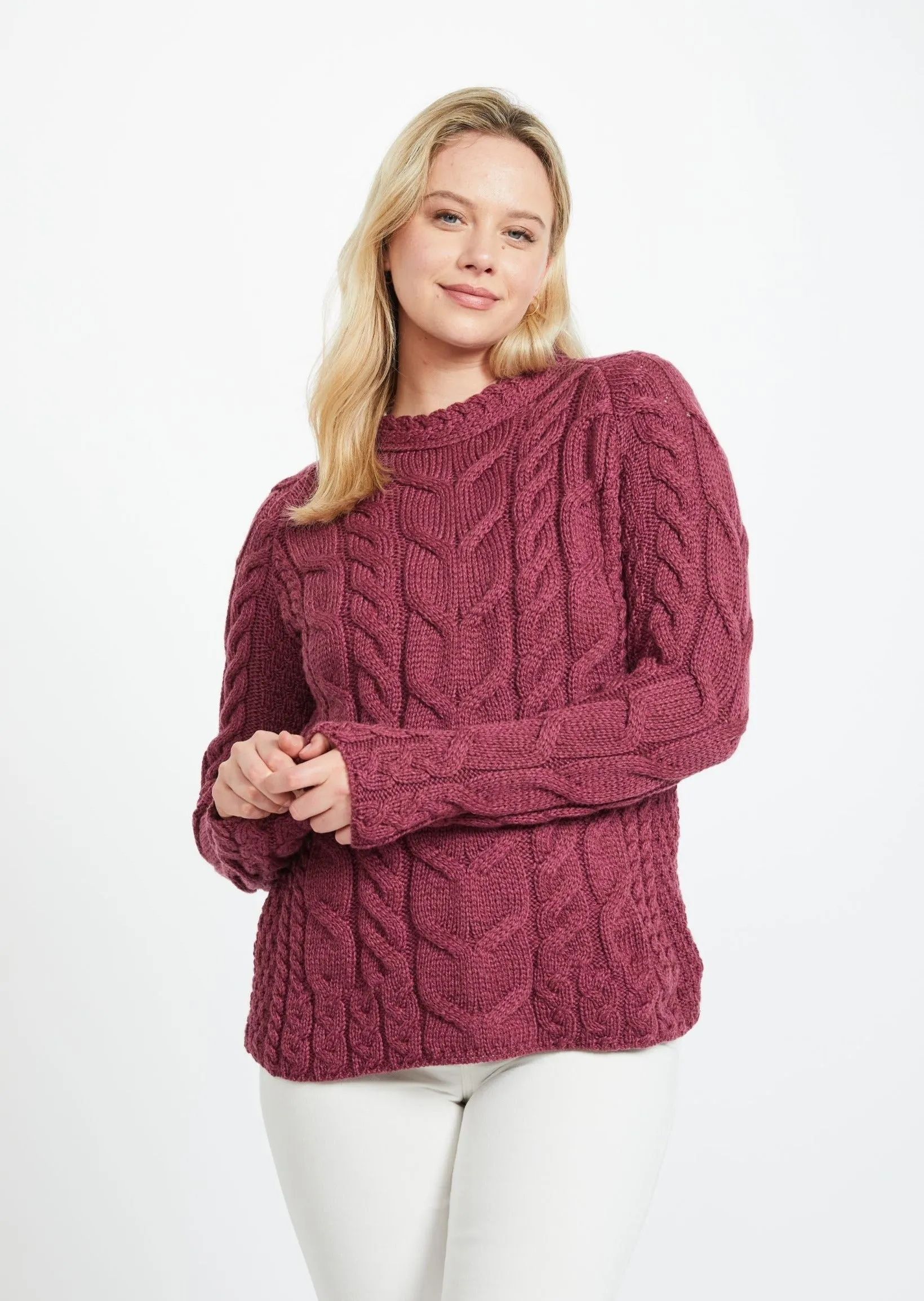 Listowel Ladies Aran Cabled Sweater | Raspberry