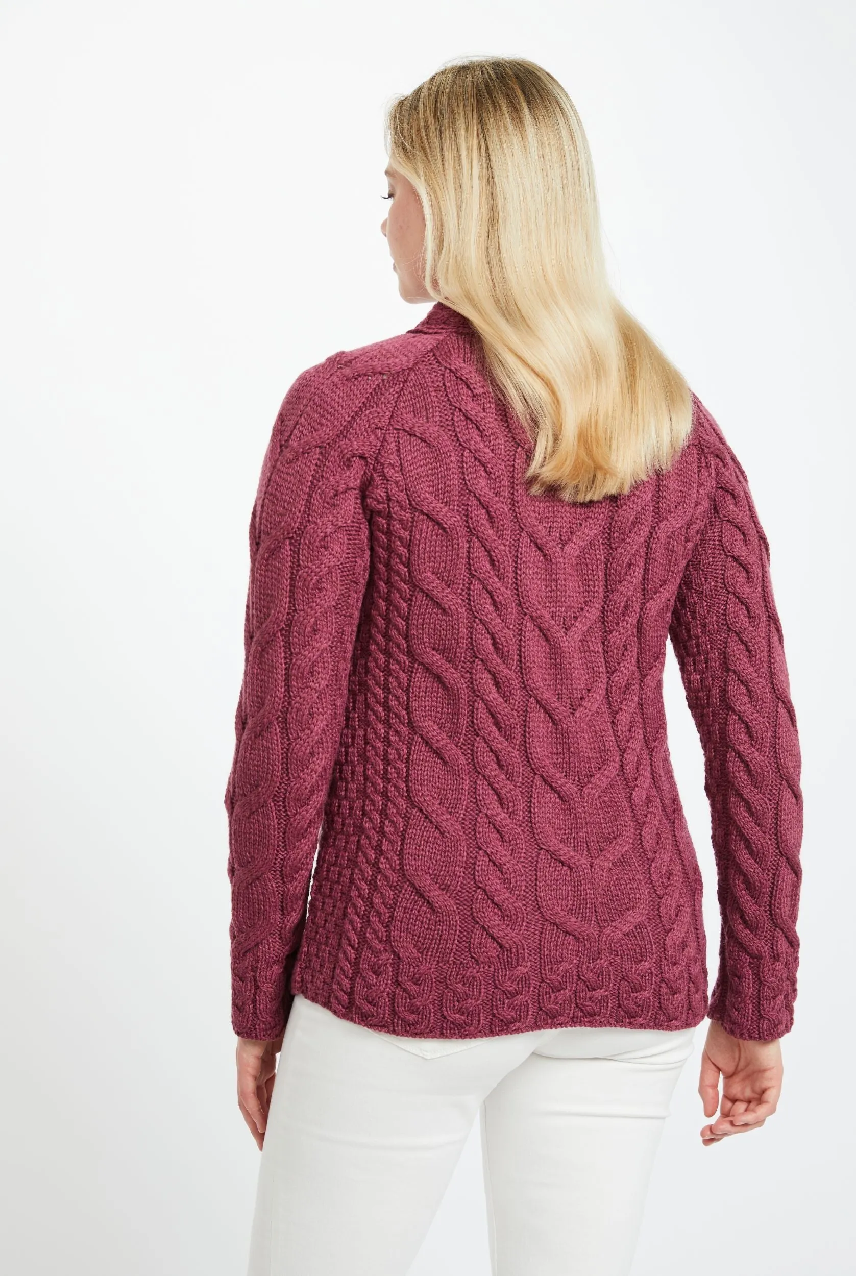 Listowel Ladies Aran Cabled Sweater | Raspberry