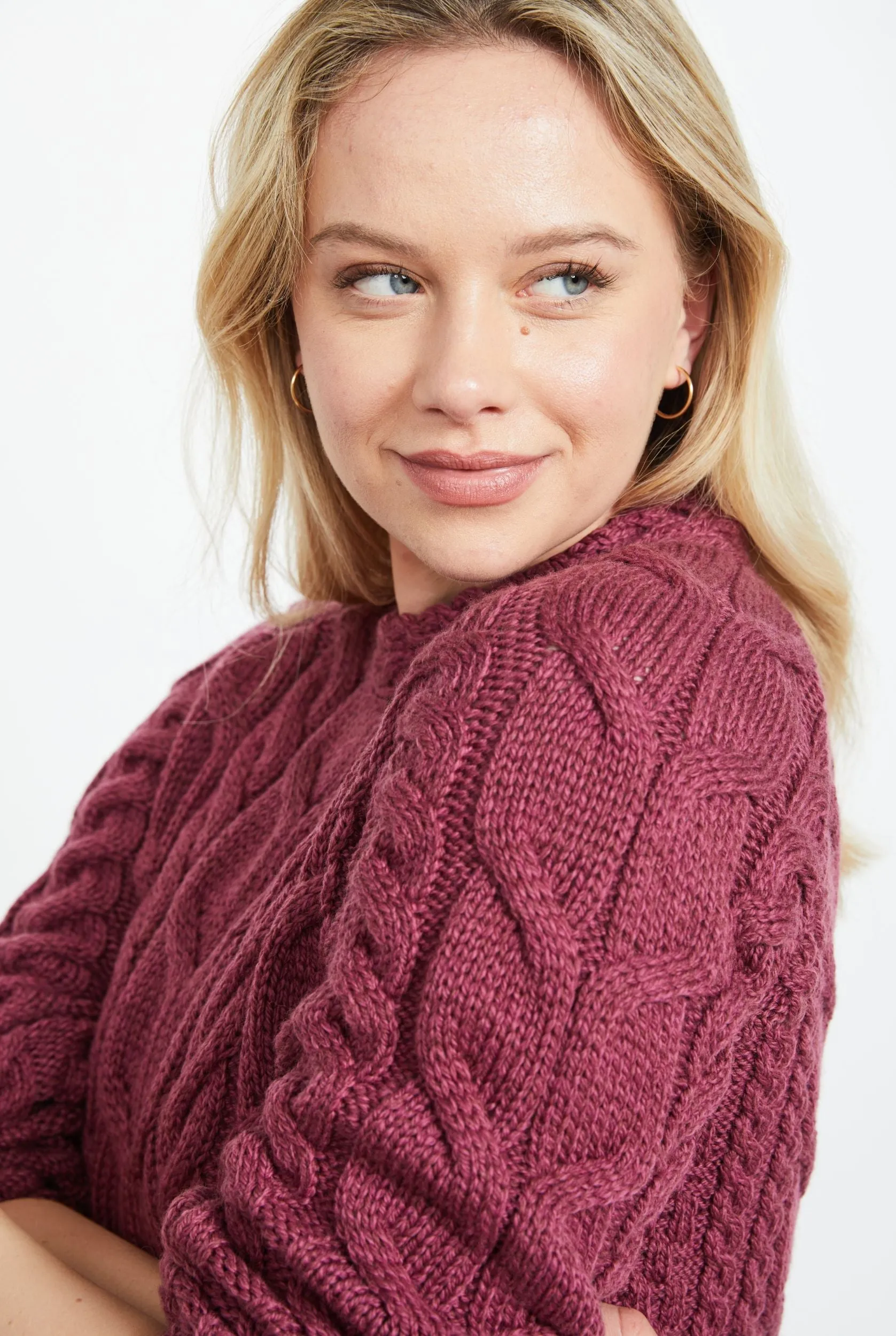 Listowel Ladies Aran Cabled Sweater | Raspberry