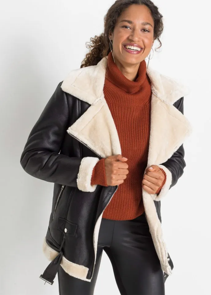 Long sheepskin coat with faux fur Rainbow, black