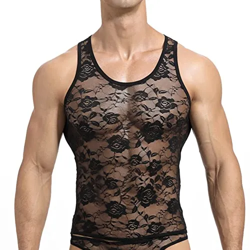 Men's Sissy Lace Mesh Fishnet Undershirt Floral Muscle Shirt Sheer See Through Tanks Top Sleeveless Slim Fit Semi Transparent Vest Singlet Gym Tee Shirts 02# Black X-Large