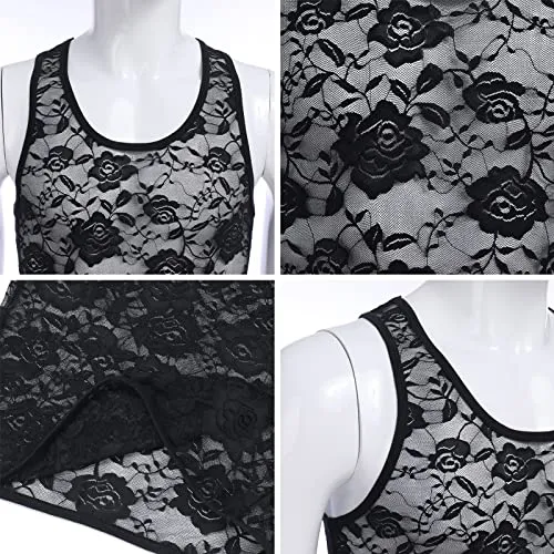 Men's Sissy Lace Mesh Fishnet Undershirt Floral Muscle Shirt Sheer See Through Tanks Top Sleeveless Slim Fit Semi Transparent Vest Singlet Gym Tee Shirts 02# Black X-Large