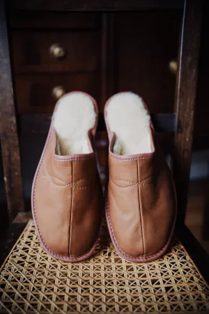 Men's Slippers leather and wool, caramel