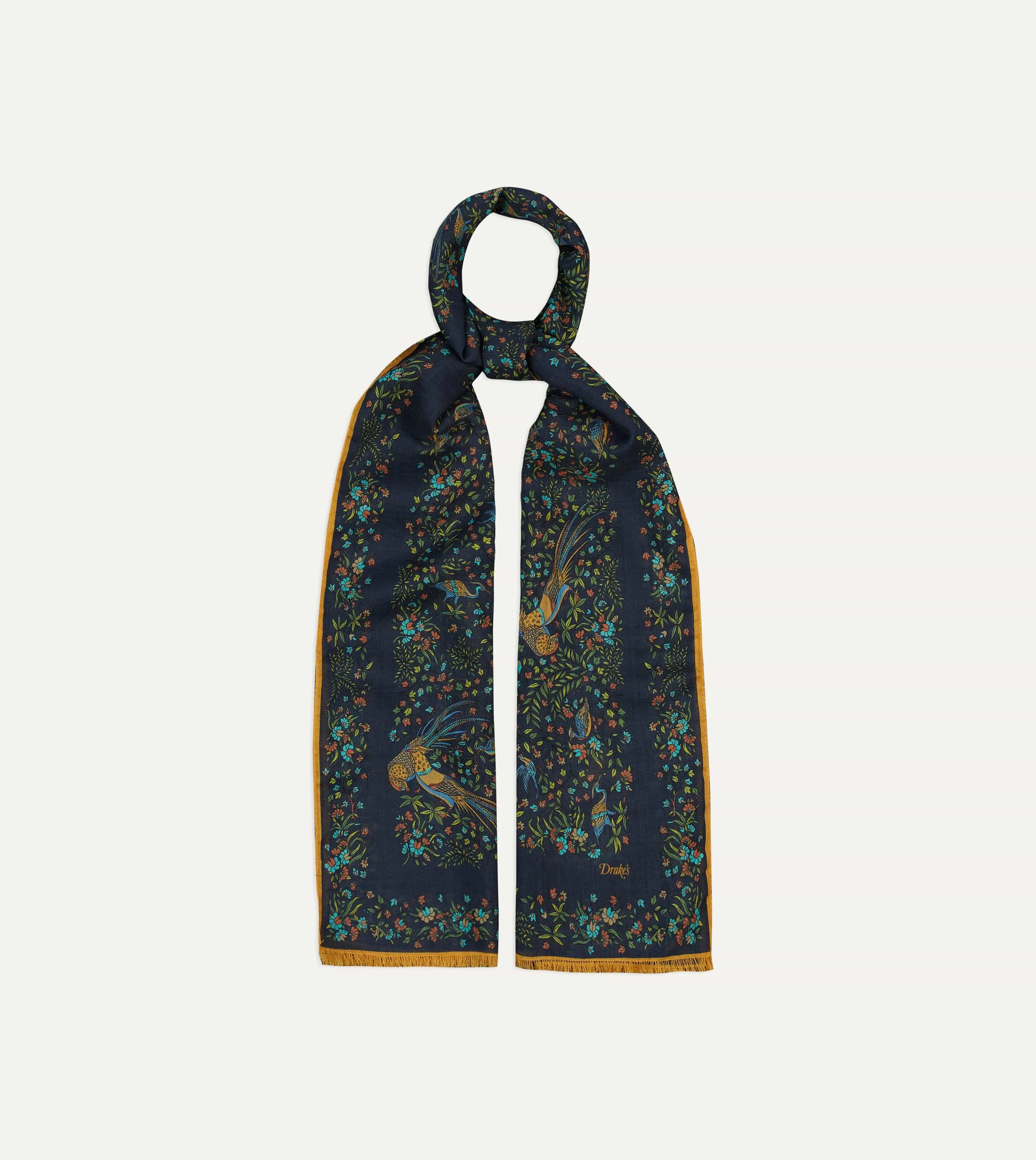 Navy Floral Birds of Paradise Print Wool-Silk Scarf