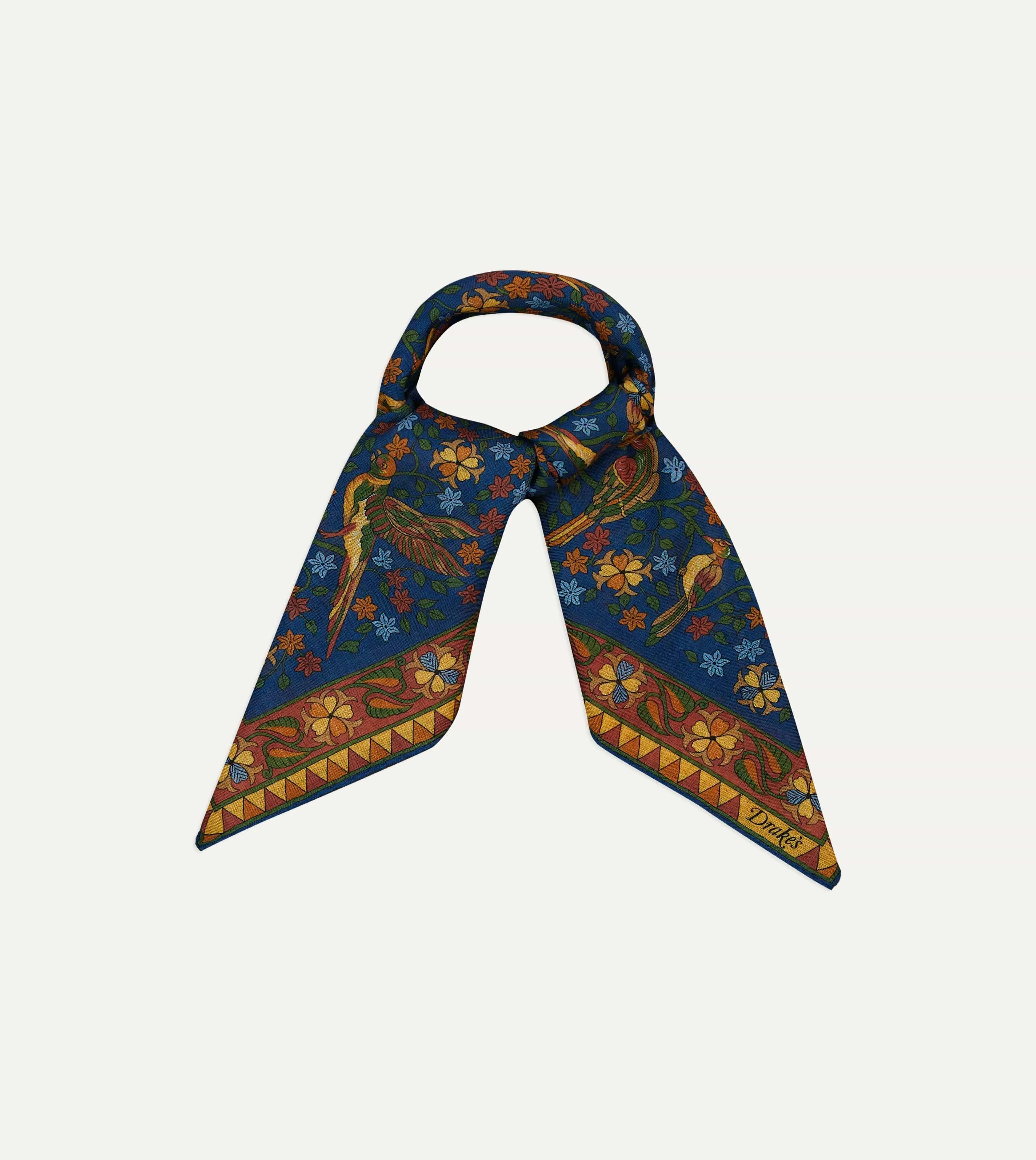 Navy Parrots Print Wool-Silk Square Scarf