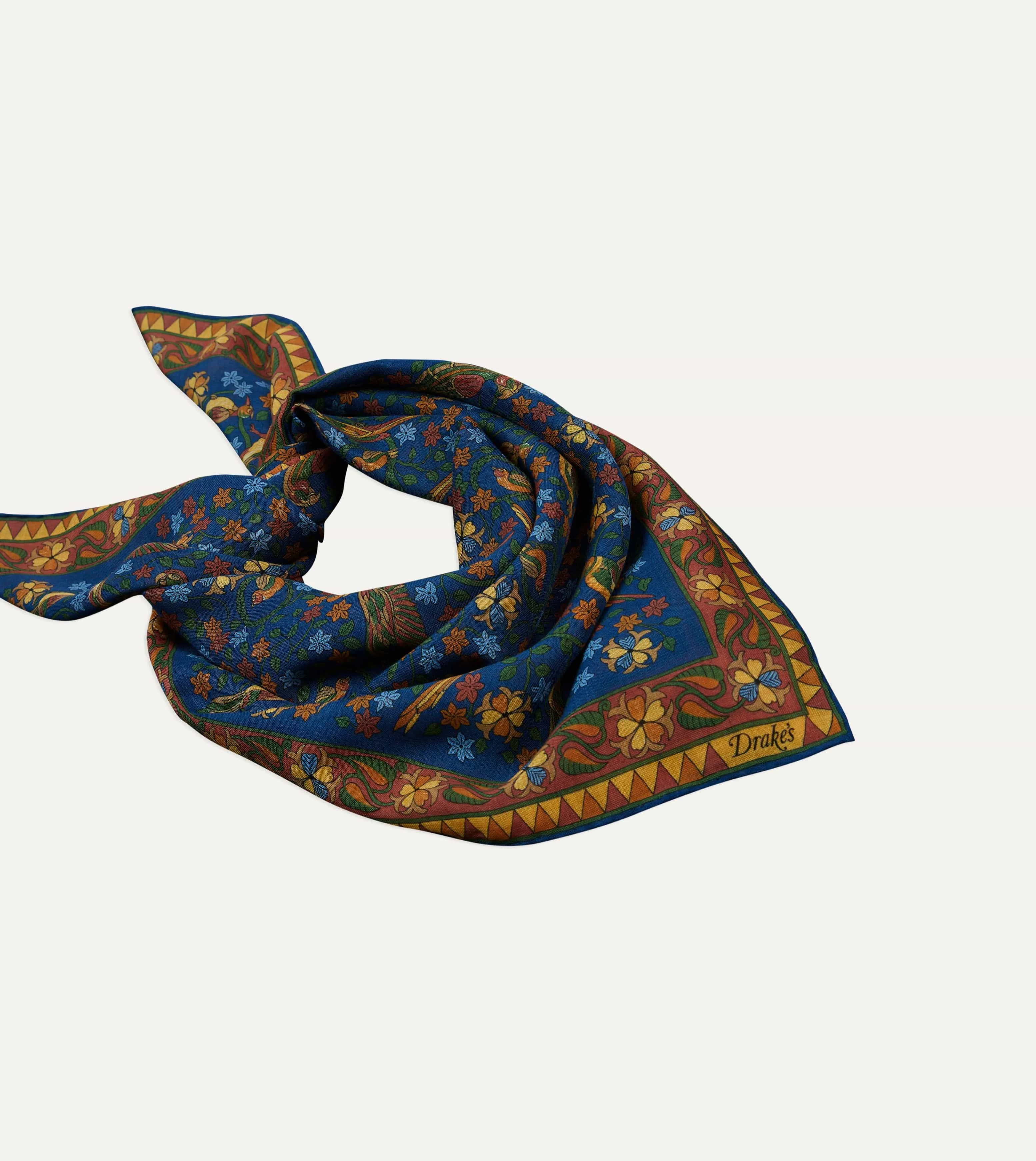 Navy Parrots Print Wool-Silk Square Scarf