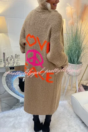 Neon Love Peace Chunky Knit Pocket Straight Midi Cardigan