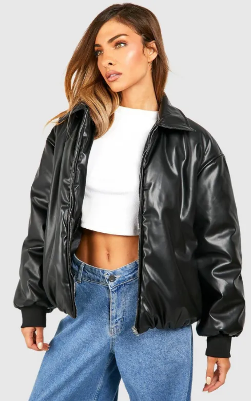 PADDED FAUX LEATHER BOMBER JACKET