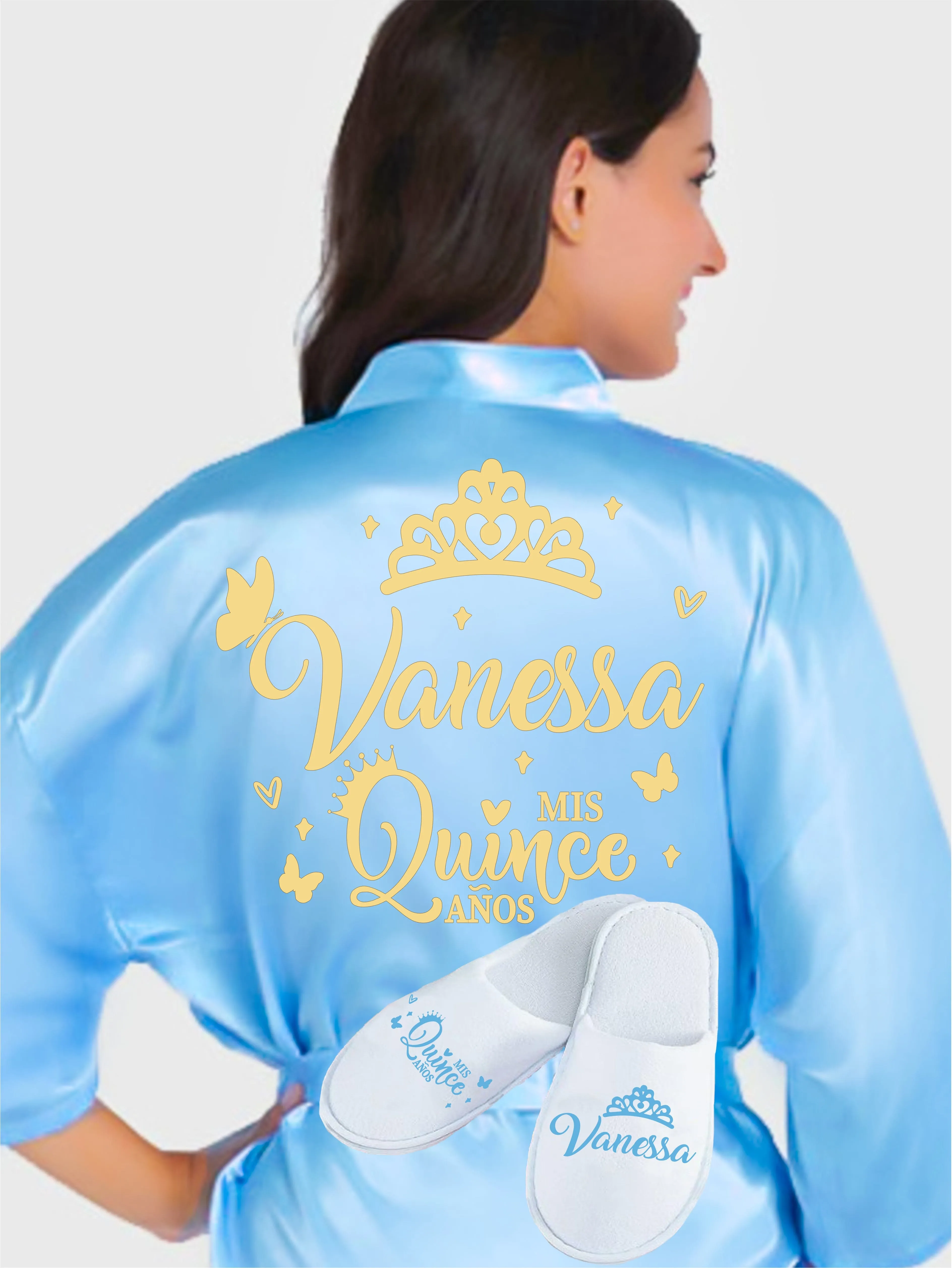 Quinceanera Light Blue with Gold robe with slippers