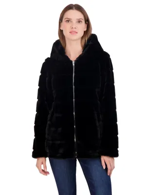 Sebby Collection Women's Hooded Grooved Faux Fur Zip Front Coat