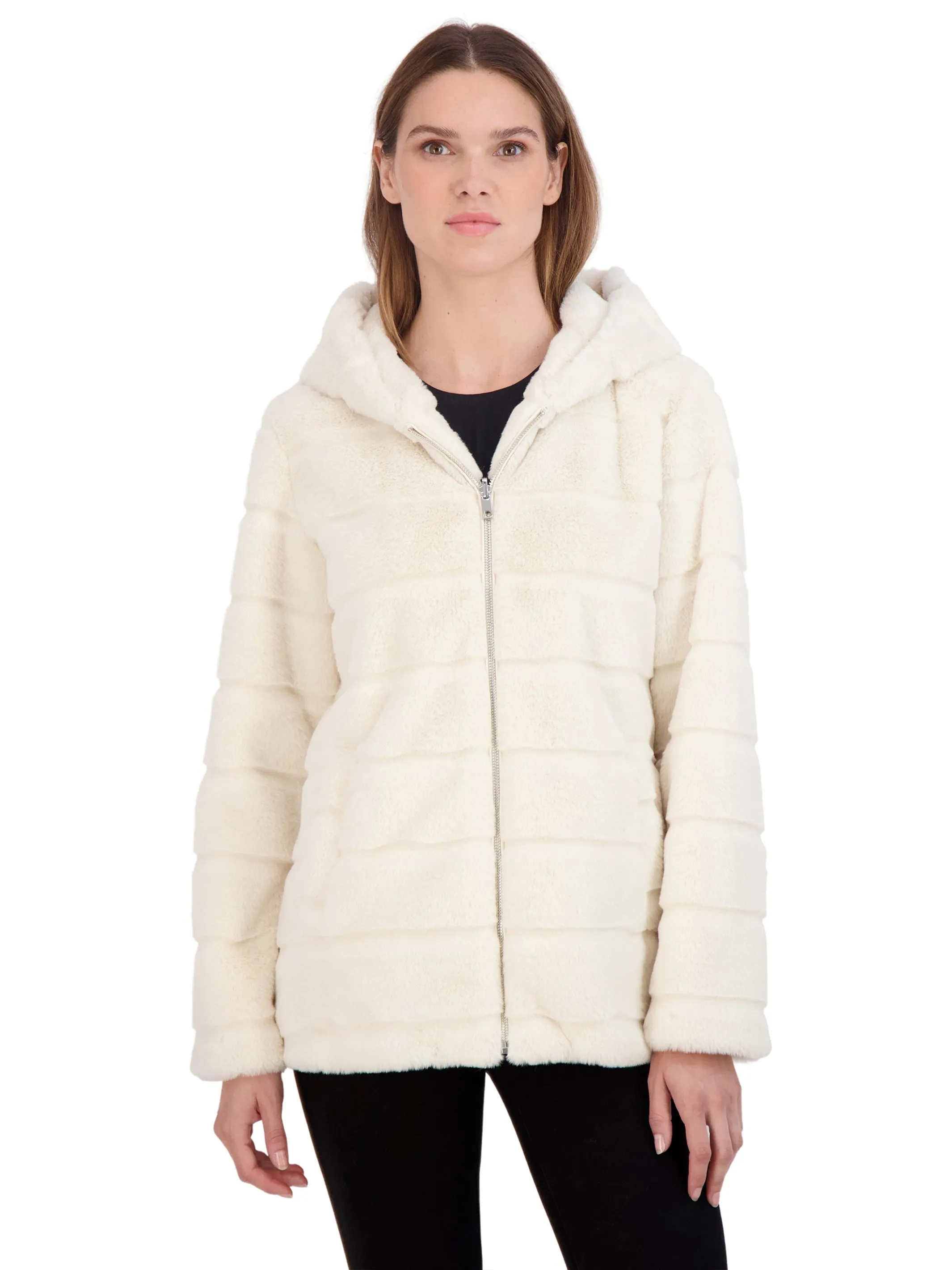 Sebby Collection Women's Hooded Grooved Faux Fur Zip Front Coat