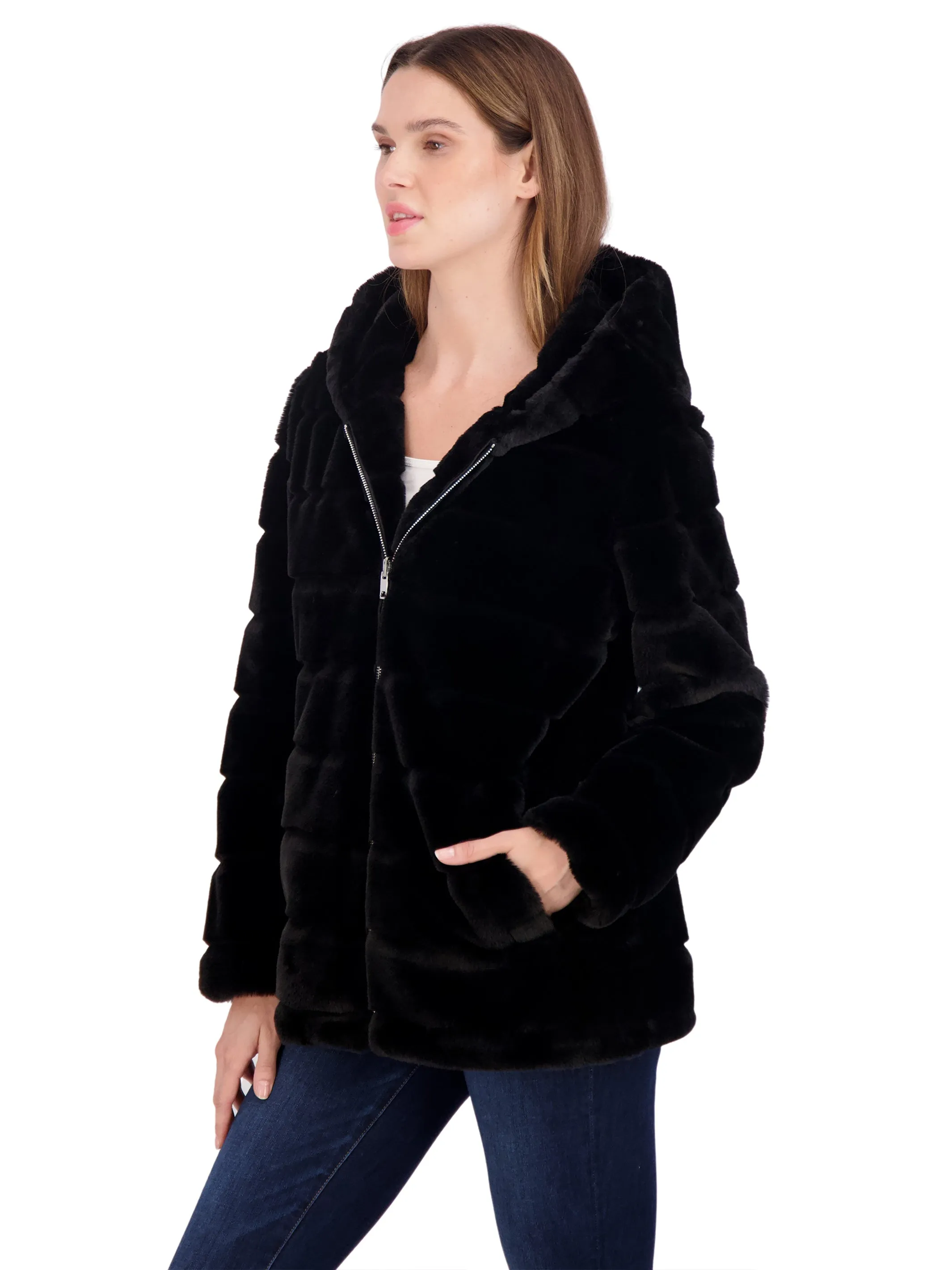 Sebby Collection Women's Hooded Grooved Faux Fur Zip Front Coat