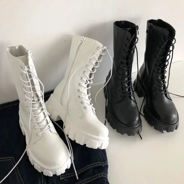 VAIGE Retro Thick Motorcycle Knee High Boots with Square Heel - Mid-Calf Length, PU Upper, Rubber Outsole, Available in Black and White