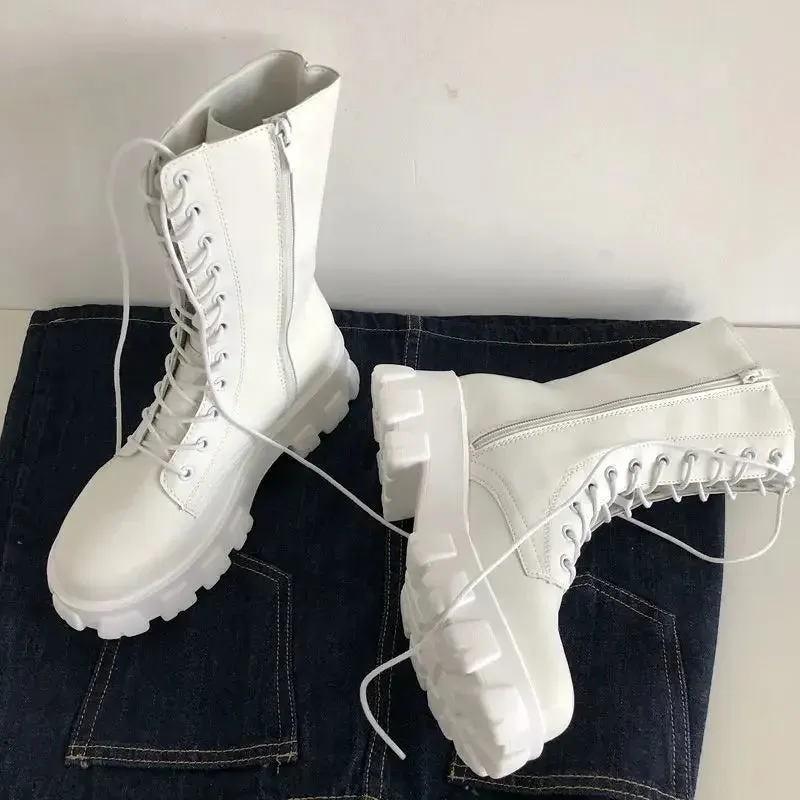 VAIGE Retro Thick Motorcycle Knee High Boots with Square Heel - Mid-Calf Length, PU Upper, Rubber Outsole, Available in Black and White