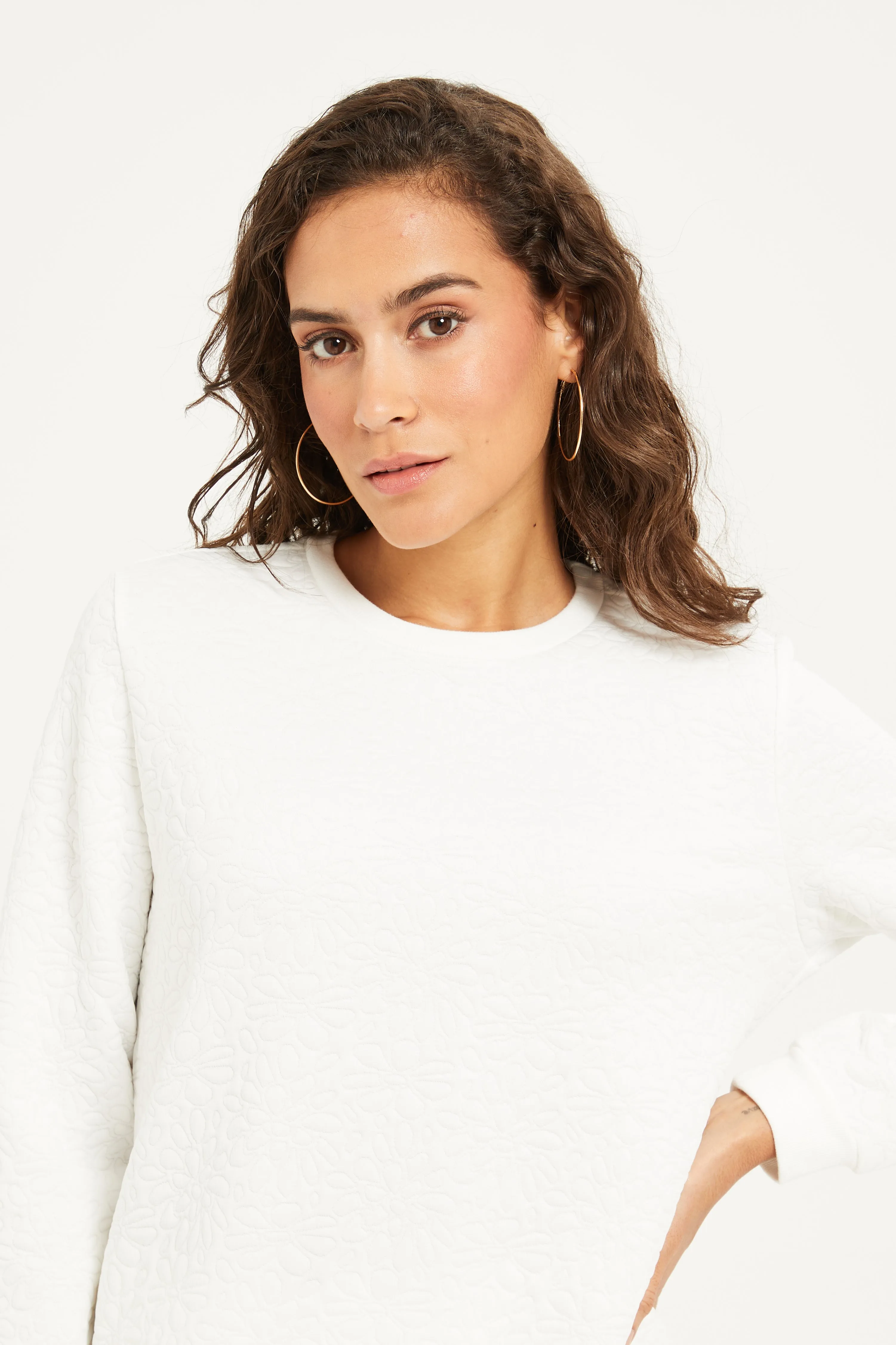 Women White Quilted Sweatshirt