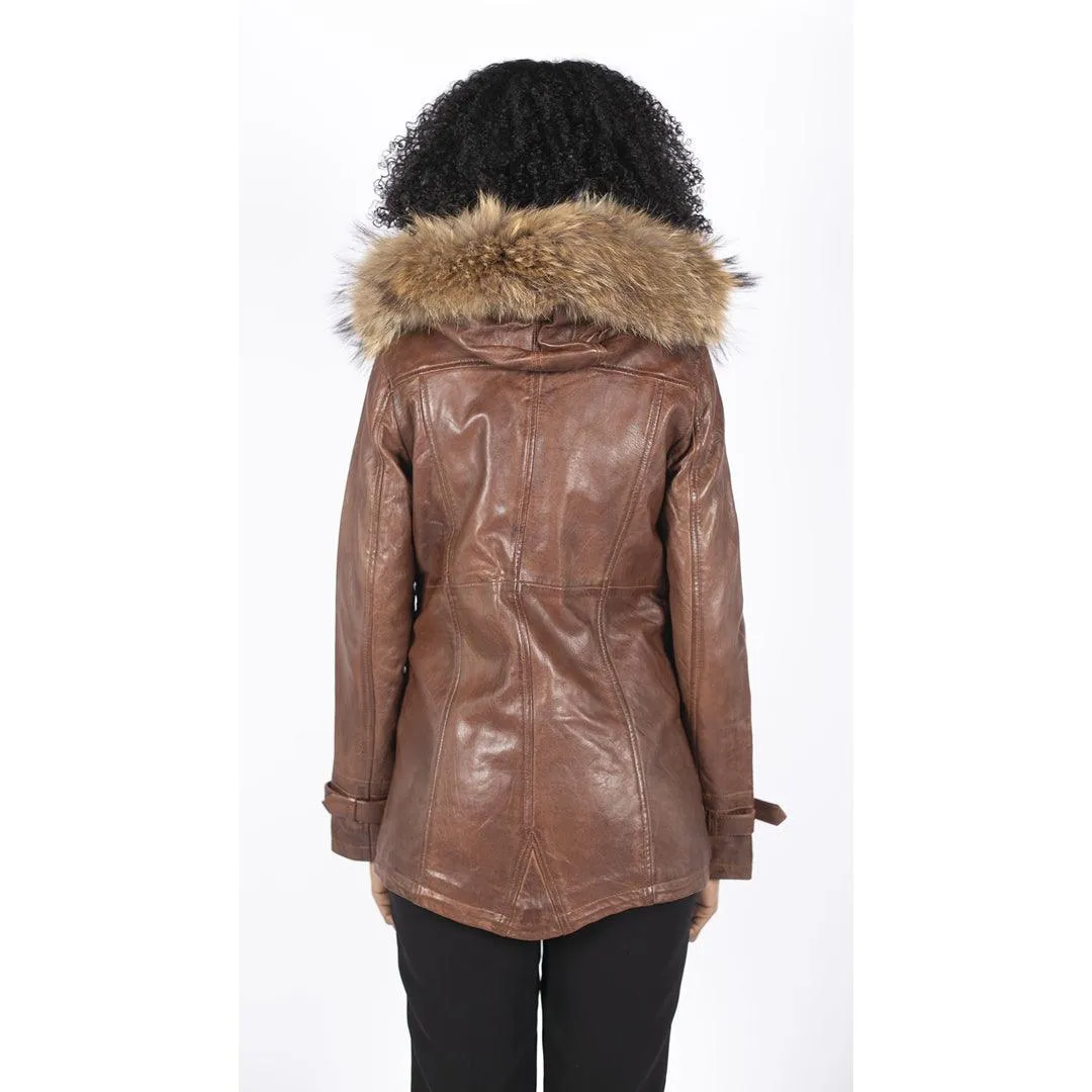 Womens Real Leather Parka Coat 3/4 Removable Hood Fur Button Cover Zipped