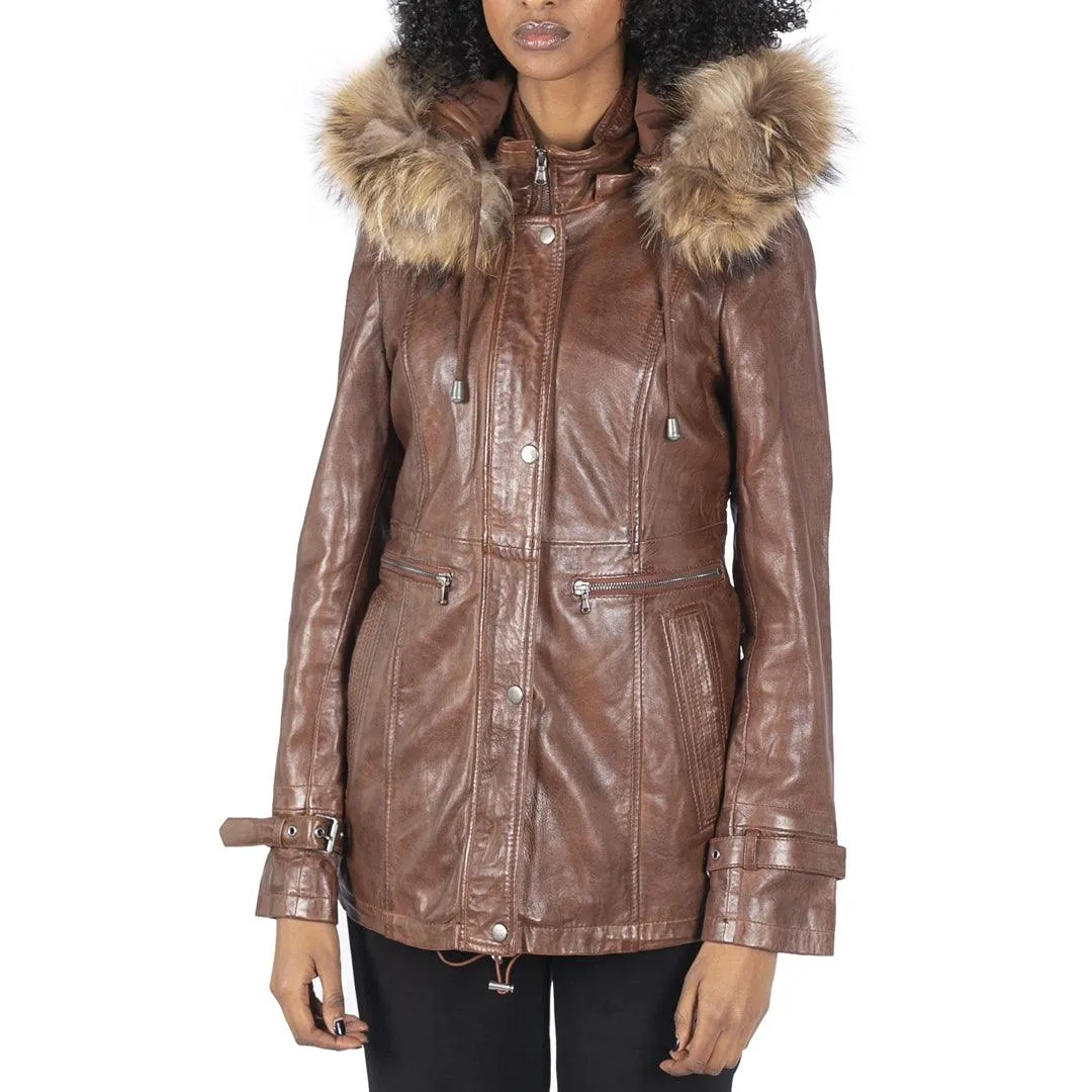 Womens Real Leather Parka Coat 3/4 Removable Hood Fur Button Cover Zipped