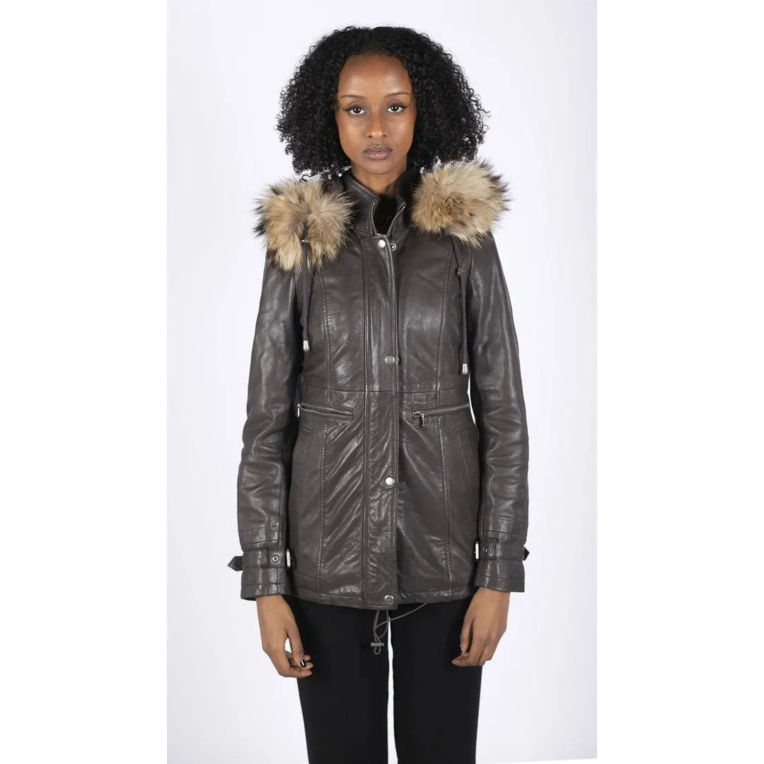 Womens Real Leather Parka Coat 3/4 Removable Hood Fur Button Cover Zipped