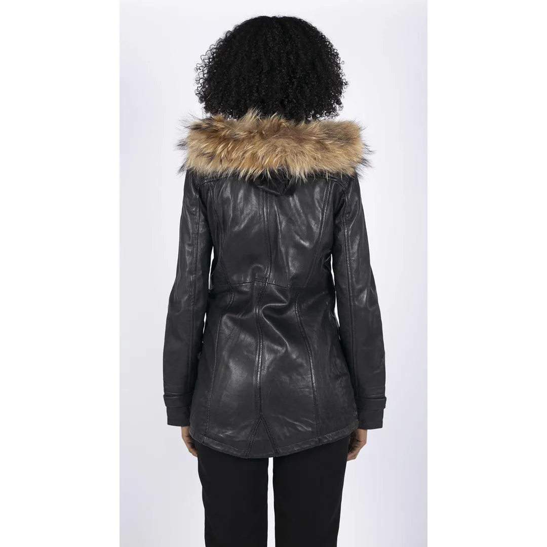 Womens Real Leather Parka Coat 3/4 Removable Hood Fur Button Cover Zipped