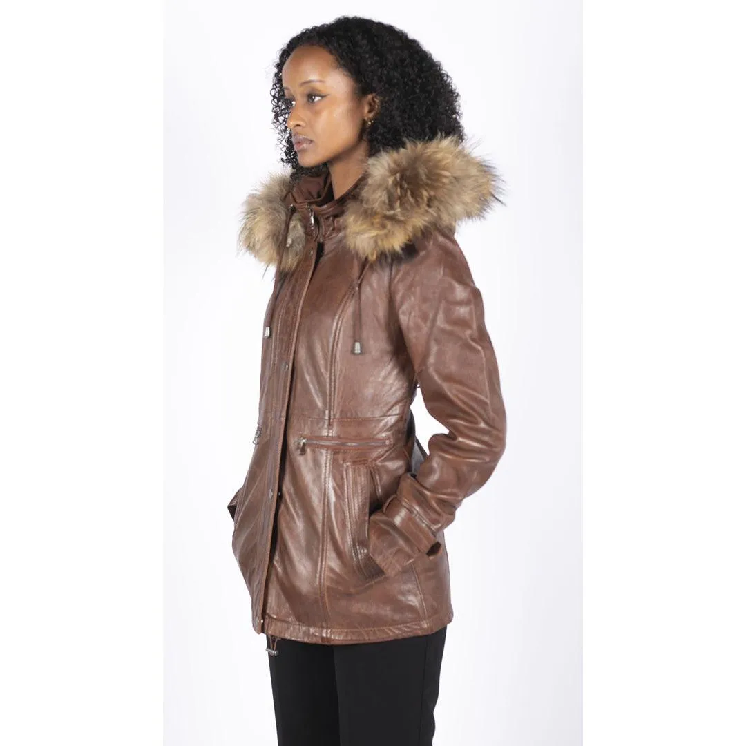 Womens Real Leather Parka Coat 3/4 Removable Hood Fur Button Cover Zipped