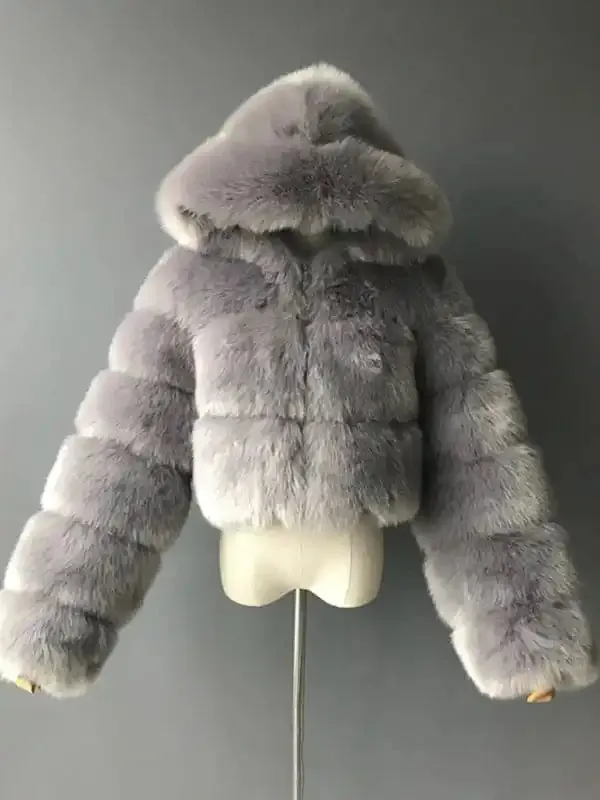 Women’s Short Faux Fur Coat With Hood and Long Sleeve Patchwork